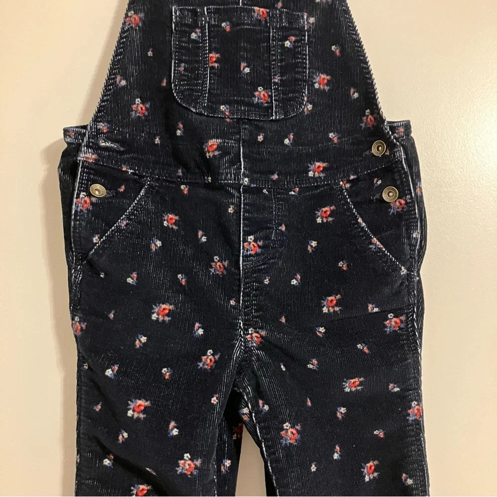 Baby Gap Navy‎ Blue Corduroy Overalls Pink floral All Over Print Girls Sz 4T